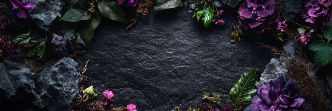 Dark moody floral frame with purple flowers and stones on black slate.