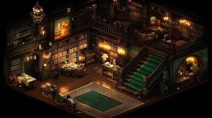 Isometric view of a grand, dimly lit library with bookshelves, a staircase, and cozy reading nooks.