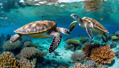 Fototapeta premium Marine Turtles Swimming Gracefully Over Coral Reefs in Crystal Blue Waters