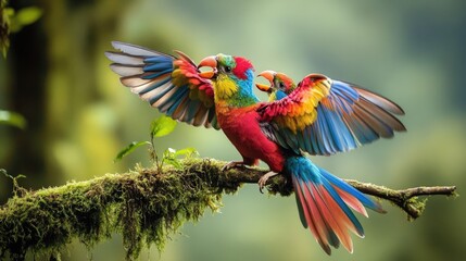 Fototapeta premium Two Colorful Parrots Perched on a Branch