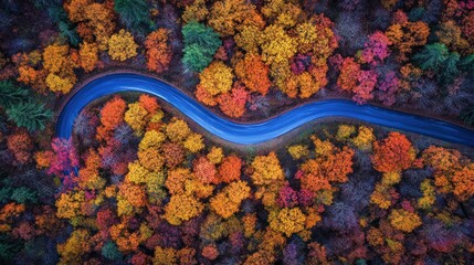 Aerial view of winding road through vibrant autumn forest.