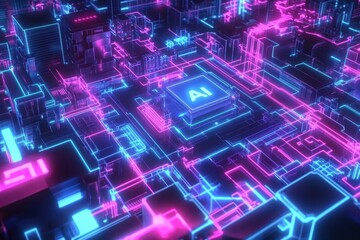 Obraz premium Neon Circuitry Illuminates Artificial Intelligence Core