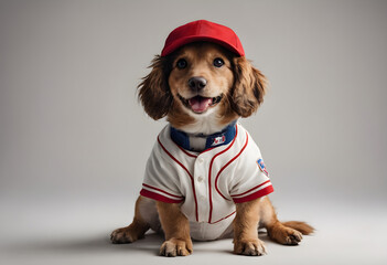 Adorable Dog in Baseball Uniform and Cap – Studio Portrail