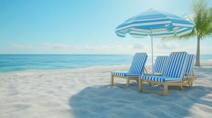 Obraz premium Two beach chairs under a striped umbrella on a sunny beach.