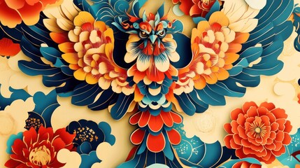Colorful paper art phoenix bird amidst floral design.