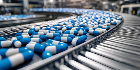 Obraz premium Pharmaceutical Production Line for Blue Capsules