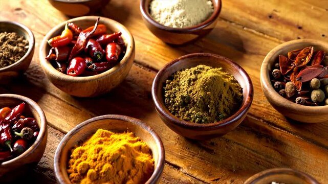 Assorted Indian Spices and Masalas in Bowls, Vibrant Colors and Aromatic Ingredients.