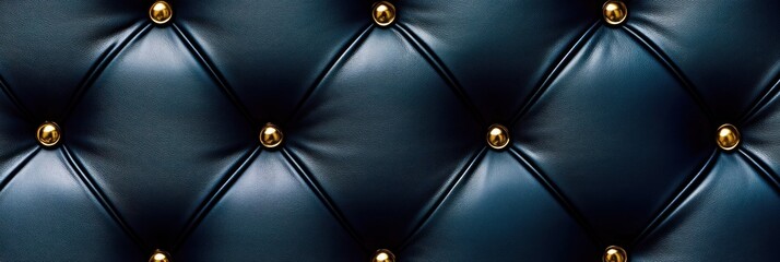 Dark blue tufted leather upholstery texture with gold buttons.