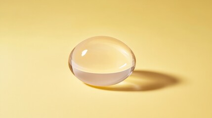 Transparent glass sphere on yellow background casting shadow.