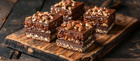 Three slices of creamy chocolate cake with nuts on a wooden board, dark wood backdrop, vintage food photography style, space for text.