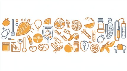 Vibrant illustration of health and wellness, featuring medical and food icons.