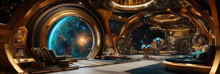Luxurious spaceship interior with large window showing nebula and stars.