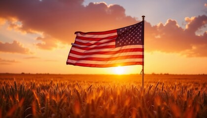 Obraz premium USA Flag Waving in Wheat Field at Sunset.American pride. Land of freedom. Resilience and unity.Fourth of July posters. Patriotic events. National celebration materials.