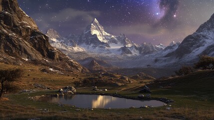 Majestic snow-capped mountains reflecting in a serene alpine pond under a vibrant starry night sky.