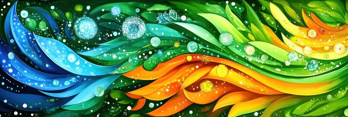 Abstract swirling vibrant blue, green, orange, and yellow leaves with water droplets.