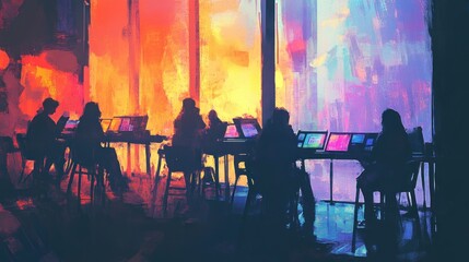 Silhouetted figures working on laptops in a vibrant, colorful room.