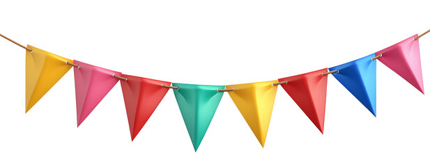 Fototapeta premium Playful triangular bunting in rainbow hues, stretched horizontally on a transparent background. Perfect as festive decoration for parties and celebrations