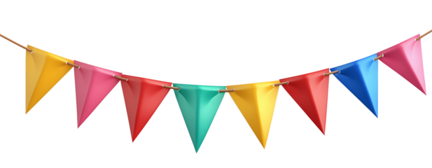 Playful triangular bunting in rainbow hues, stretched horizontally on a transparent background. Perfect as festive decoration for parties and celebrations