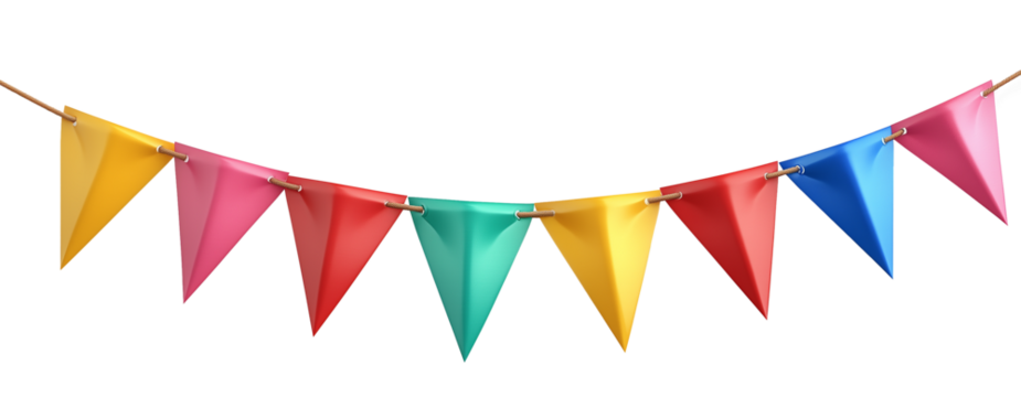 Playful triangular bunting in rainbow hues, stretched horizontally on a transparent background. Perfect as festive decoration for parties and celebrations
