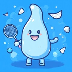 Obraz premium A cute, cartoonish character resembling a droplet holding a badminton racket, surrounded by shuttlecocks.