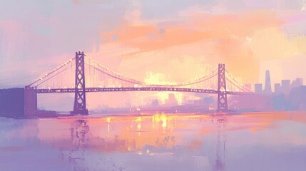 Obraz premium A serene sunset view of a bridge over water, with soft colors and city skyline in the background.