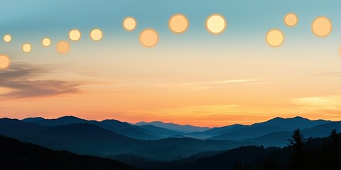 Obraz premium A serene mountain landscape at sunset, featuring a gradient sky with soft, glowing orbs suggesting celestial or atmospheric phenomena.
