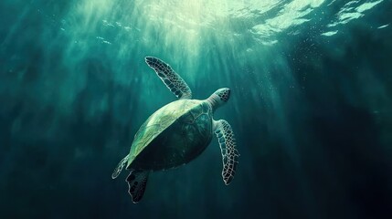 Fototapeta premium Underwater sea turtle swimming in sunbeams.