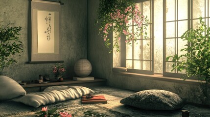 Serene minimalist zen room with sunlight, plants, and cushions.