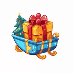 Cartoon sleigh with gift and Christmas tree isolated on white background.Christmas advertising, holiday greeting cards, seasonal decorations, festive illustrations.Christmas spirit, joy of giving, hol