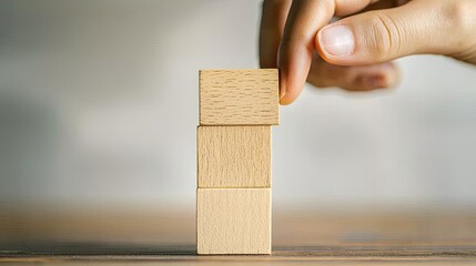 A hand places a wooden block on top of two others, illustrating concepts of balance, construction, and focus.