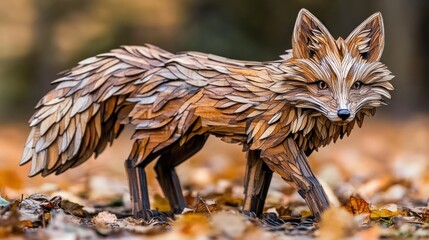 Obraz premium Wooden fox sculpture in autumn leaves.