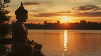 Silhouette of a Buddha at Sunset with Glowing Serenity Over the Lake : Generative AI