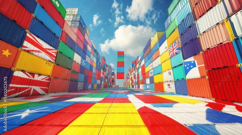 Poster colorful shipping containers with flags forming a path under a bright sky.