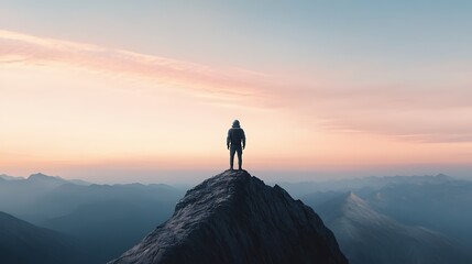 Fototapeta premium A solitary astronaut stands on the precipice of a vast crater, contemplating the expansive landscape under a serene sky bathed in soft colors during twilight.