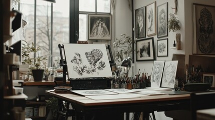 Artist's studio with artwork, easel, and drawing materials on wooden table.