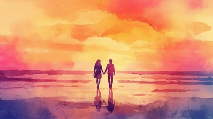 Silhouette of a couple holding hands at sunset on the beach.