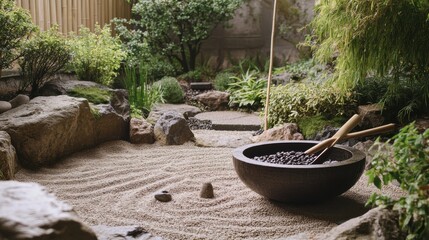 A serene meditation garden with zen gardening tools and peaceful ambiance, Zen mindfulness retreat style, photo of