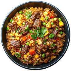 Extreme top view of an extremely perfect looking Beef Fried Rice in a dark ceramic dish isolated on a white transparent background