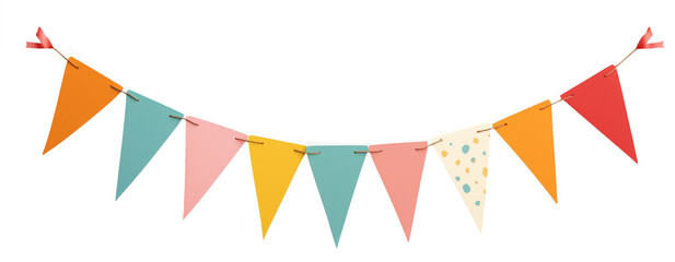 Obraz premium Festive triangular bunting flags, aligned horizontally with bright colors. Isolated on transparent background, perfect for celebrations, parties, and decor projects