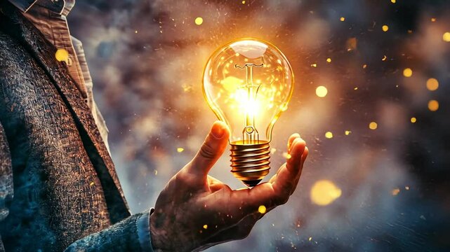 A businessman holds a light bulb with a glowing effect on his finger, representing the concept of innovation and creativity. The business person is showcasing a new idea or creative thinking