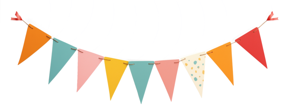 Festive triangular bunting flags, aligned horizontally with bright colors. Isolated on transparent background, perfect for celebrations, parties, and decor projects