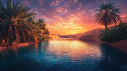 Obraz premium Vibrant sunset over desert oasis with palm trees and calm water.