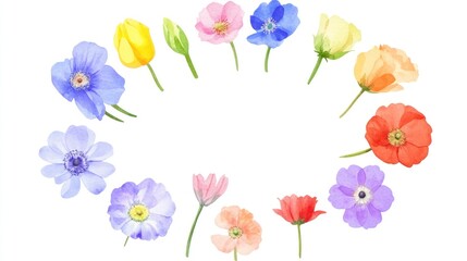 Colorful flowers arranged in a semi-circle on white background.