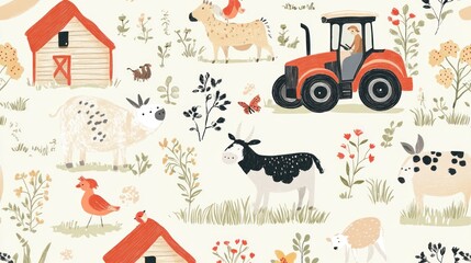 Seamless farm pattern with animals, tractor, and barn.