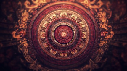 Fototapeta premium Intricate circular mandala design with red and gold patterns, resembling a detailed carving or painting.