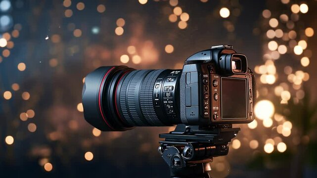 A professional camera with a lens on top of a tripod, a studio setup with flash lights, for product photography. The image is photo-realistic and cinematic, with a dark background