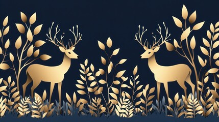 Two golden deer amidst golden foliage on a dark blue background.