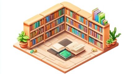 Obraz premium Isometric illustration of a cozy library corner with bookshelves, open books, and potted plants.