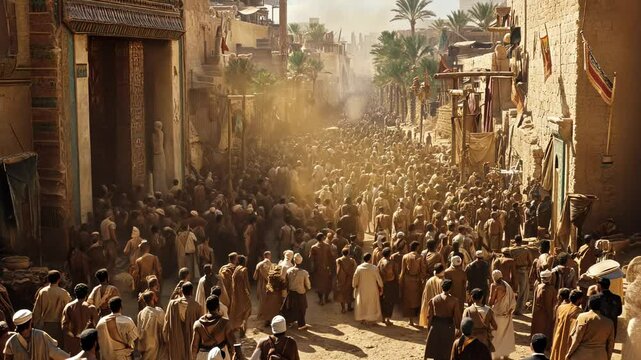 A wide shot of the streets in ancient Egypt with thousands of people, wearing brown and beige , in disorderly chaos. A large crowd is moving towards an open door on one side of the street.