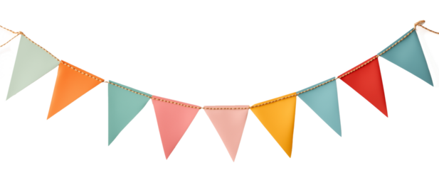 Vibrant triangular bunting flags in red, yellow, green, blue, and pink. Perfectly aligned horizontally for festive party decor themes